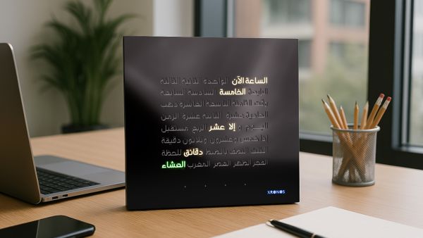 Throughout the day and night, ambient color transitions reflect the natural rhythm of light and time, enhancing the mood of any space it inhabits. Xronos World Premieres Azan Word Clock at 2025 INDEX Dubai
