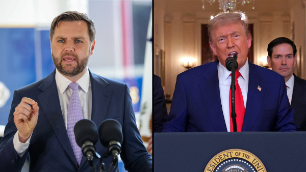 US Vice President JD Vance speaks during a tour of a Federal Mobile Command Center at the Federal Building in Los Angeles, California, on June 20, 2025. (Photo by Patrick T. Fallon / AFP) / US President Donald Trump addresses the nation from the White House in Washington, DC on June 21, 2025, following the announcement that the US bombed nuclear sites in Iran. (Photo by CARLOS BARRIA / POOL / AFP) JD Vance