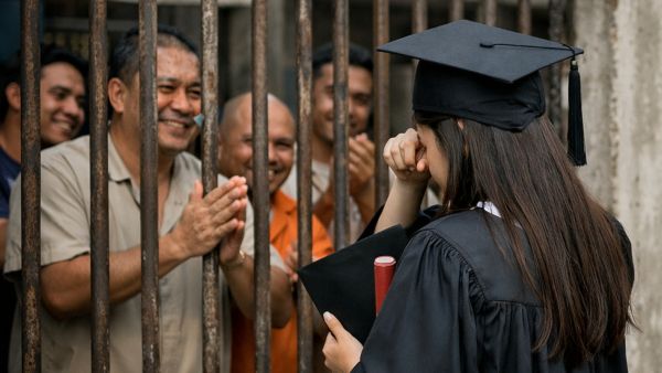 لحظة لا تُنسى: والد وابنته يشاركان الفرح من داخل وخارج السجن