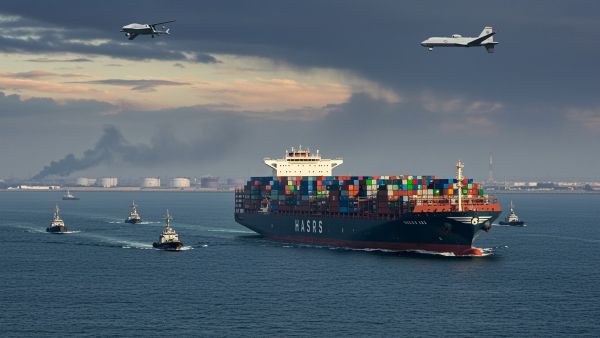 صورة خارجية لسفينة حاويات كبيرة تعبر مضيق هرمز، مع أجواء توحي بالتوتر في المشهد. السفينة محمّلة بالكامل وترفع علمًا محايدًا،