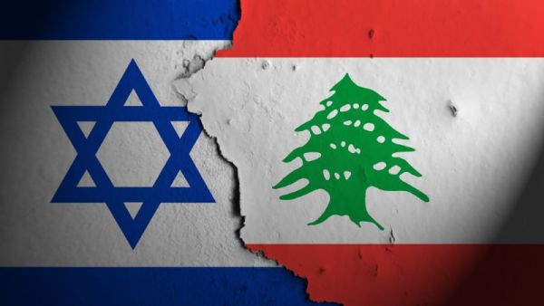 تصميم رمزي يظهر العلمين الإسرائيلي واللبناني يفصل بينهما تصدع في المنتصف.