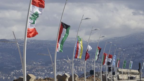 Flags of the Arab league states are seen on display ahead of the Arab Economic and Social Development Summit in Beirut on January 17, 2019. (JOSEPH EID / AFP)
