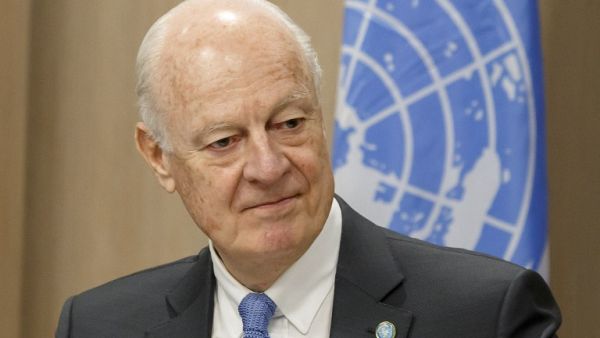 UN Special Envoy of the Secretary-General for Syria Staffan de Mistura speaks as he gestures during a new round of negotiations with the Syrian government at the United Nations headquarters in Geneva, on March 14, 2016. (AFP/Salvatore di Nolfi)