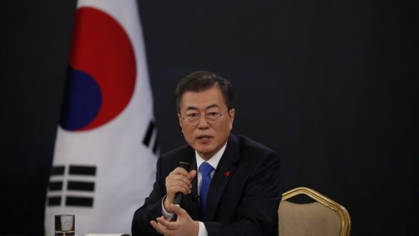 South Korean President Moon Jae-in answers reporters' question during his New Year news conference at the Presidential Blue House in Seoul on Jan. 10, 2018 (KIM HONG-JI / POOL / AFP)