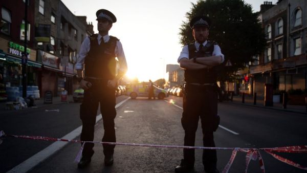 In this file photo taken on June 19, 2017 police guard a street in the Finsbury Park area of north London after a vehichle hit pedestrians. Darren Osborne was found guilty on Feb. 1, 2018 of murder and attempted murder after deliberately driving into a group of people outside a London mosque.

(Daniel LEAL-OLIVAS / AFP)