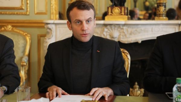 French president Emmanuel Macron speaks during a Trianon Council meeting (Conseil de coordination du dialogue de Trianon) on Feb. 9, 2018, at the Elysee Palace in Paris (LUDOVIC MARIN / POOL / AFP)