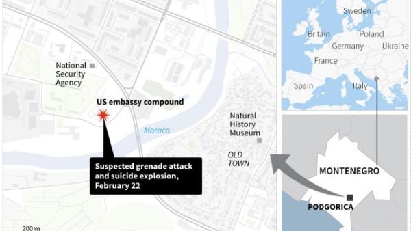 U.S. Embassy in Podgorica, Montenegro's capital, was attacked shortly after midnight on Thursday, the Montenegrin government said (AFP/File Photo)

