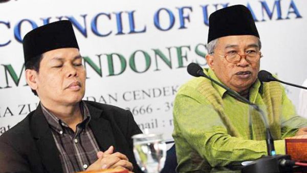 Indonesia Ulema Council chief, Muhyiddin Junaidi, right, with an MUI official Amirsyah Tambunan (AFP/File Photo)