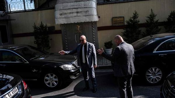 Saudi officials gather outside the Saudi consulate in Istanbul today. (AFP/File)