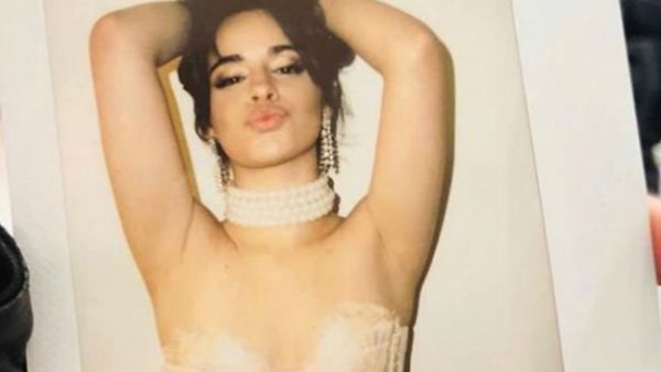 The 21-year-old former Fifth Harmony songstress displayed plenty of cleavage in a lace corset for the snap. (Source: Camila Cabello - Instagram)