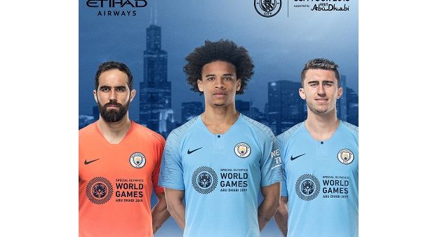 Claudio Bravo, Leroy Sane and Aymeric Laporte of Manchester City wearing the Special Olympics World Games 2019 Club Kit. Claudio Bravo, Leroy Sane and Aymeric Laporte of Manchester City wearing the Special Olympics World Games 2019 Club Kit.