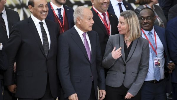 (From L) Kuwaiti Foreign Minister Sheikh Sabah al-Khaled al-Sabah, Arab League Secretary-General Ahmed Aboul Gheit, EU Foreign and Security Advisor Federica Mogherini and Co-chair of Arab League and Sudan Foreign Minister  Mohamed Ahmed Al-Dirdiri in a family picture on February 4, 2019, in Brussels. 
JOHN THYS / AFP