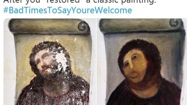 #BadTimesToSayYou'reWelcome: Twitter user @charley_ck14 tweeted a photo of a classic painting that received a tragic makeover, and racked up hundreds of likes (Twitter)