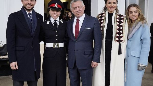 Jordan's King Abdullah (C), Queen Rania, Crown Prince Hussein (L) and Princess Iman (R) attend the Commissioning Parade of Her Royal Highness Princess Salma (2nd L) at the Royal Military Academy Sandhurstat, 35 miles west of London, on November 24 (AFP)