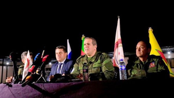 Aleppo-born Ziyad Sabsabi, a Russian senator, speaks during a press conference during the handing over of Chechen nationals back to Russia on Nov. 12, 2017, in the northeastern Syrian city of Qamishli (AFP/File)