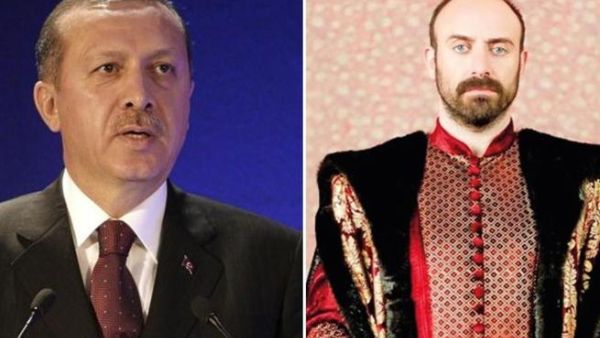 الممثل التركي خالد ارغنش الذي يلعب دور السلطان سليمان (يمين) وأردوغان (يسار)