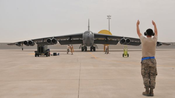 A US Air Force B-52 bomber arrives at Al Udeid Air Base, Qatar. (AFP/File)