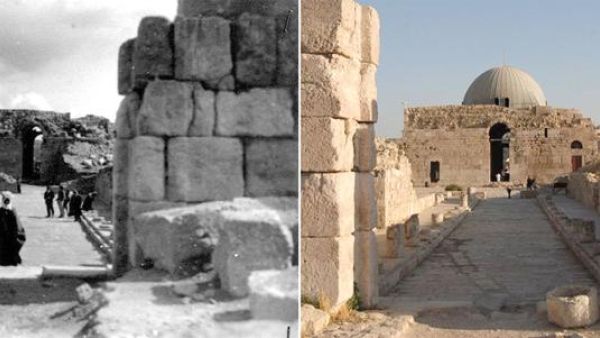 Amman Citadel in the 1930s (left) and nowadays (Photo courtesy of Stefano Anastasio)