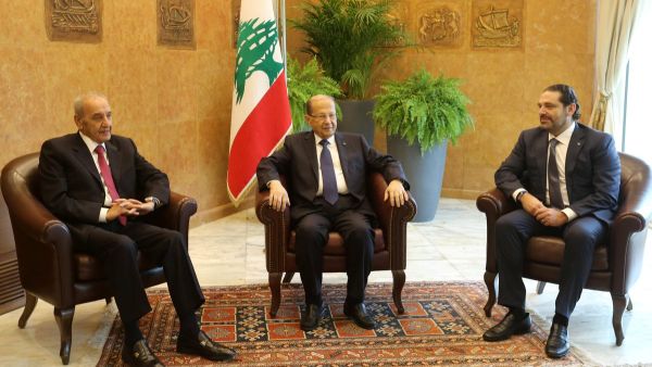 The meeting among President Michel Aoun, Prime Minister-designate Saad Hariri and Speaker Nabih Berri (Twitter)