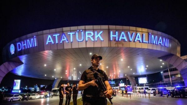A Turkish riot police officer patrols Ataturk airport`s main enterance in Istanbul, on June 28, 2016, after two explosions followed by gunfire hit Turkey's largest airport. (AFP/File)