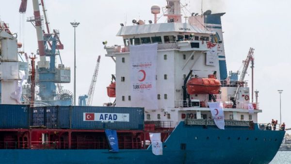 A picture taken on July 3, 2016 shows Lady Leyla, a humanitarian aid ship sent from Turkey to the Gaza Strip, docked at the Israeli southern port of Ashdod, (AFP/Jack Guez)