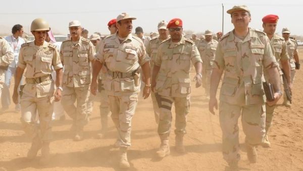 Saudi deputy Defence Minister Prince Khaled bin Sultan (3rd right) visits troops in the southwestern province of Jizan near the border with Yemen. (AFP/File) 