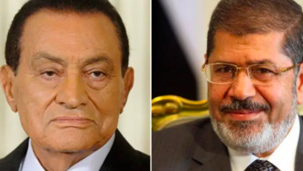 Mubarak (L) testifies in trial of Mohammad Morsi (Twitter)