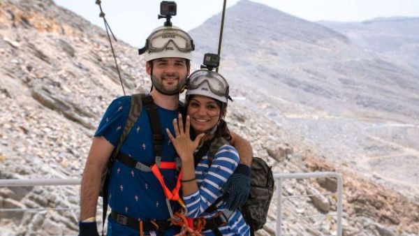Adrian Mackay, a 30-year-old from Bengaluru, India, popped the question to his wife-to-be as she came in to land on the suspended platform high up on Jebel Jais, the UAE's tallest mountain (Twitter)