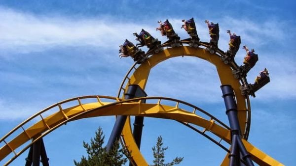 Batman: The Ride, the world’s first suspended outside-looping roller coaster  at the Six Flags Great America theme park in Chicago. (Wikipedia) 