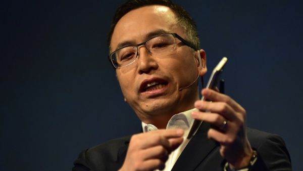 George Zhao, president of Honor, holds the newly introduced Honor 6X phone during the company's press conference at CES2017 in Las Vegas. (AFP/Frederic J. Brown)