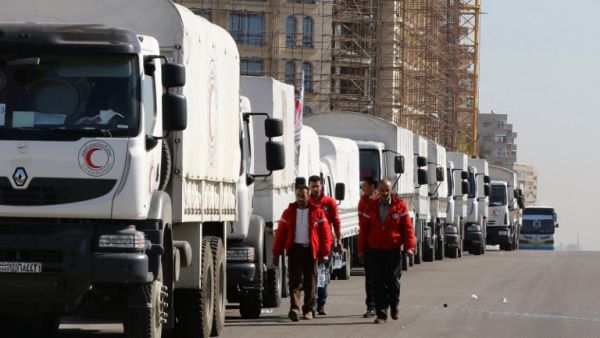A convoy of aid trucks in Damascus, Syria. (AFP/File)
