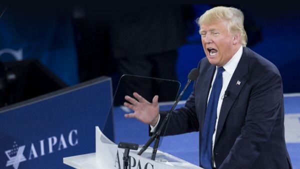 US Republican presidential hopeful Donald Trump addresses the American Israel Public Affairs Committee (AIPAC) 2016 Policy Conference at the Verizon Center in Washington, DC, March 21, 2016.  (AFP/Saul Loeb)