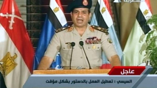 An image grab taken from Egyptian state TV shows Egyptian Defence Minister Abdelfatah al-Sissi delivering a statement on July 3 (Egyptian TV / AFP)