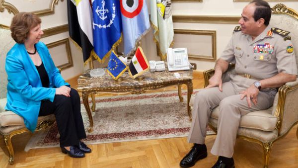 Egyptian defense minister Abdel Fatah el-Sisi (R) meets with EU High Representative for Foreign Affairs and Security Policy Catherine Ashton in Cairo. A leaked video shows Mr. Sisi discussing how to gag the press. (Image credit: AFP)