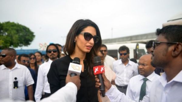 The Lebanese-British human rights lawyer arrived in Male with her team to press for the release of former President Mohamed Nasheed. (AFP/Adam Sireii)