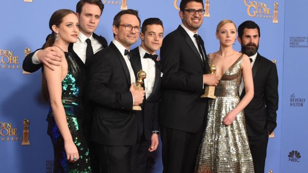 The cast of Mr Robot, with Rami Malek (center) celebrating their Golden Globe wins in January 2016. (AFP/File) 