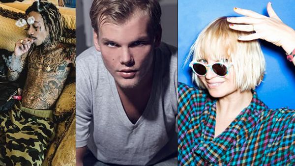 Wiz Khalifa aka Cameron Jibril Thomaz, Avicii aka Tim Bergling, and SIa aka Sia Kate Isobelle Furler. (Facebook)