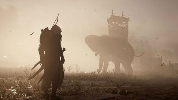 Bayek stares at the war elephants. (Ubisoft)