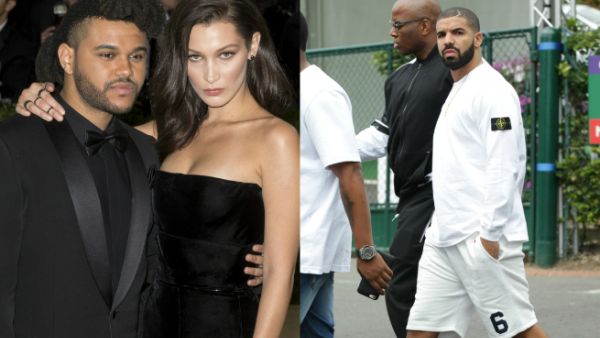 The Weeknd and Bella Hadid together back when they were a couple (L); Drake (R). (Ovidiu Hrubaru / Twocoms / Shutterstock.com)