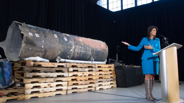 She said the debris was from a short-range missile fired by Houthi rebels in Yemen into Saudi Arabia. (Twitter/Nikki Haley)