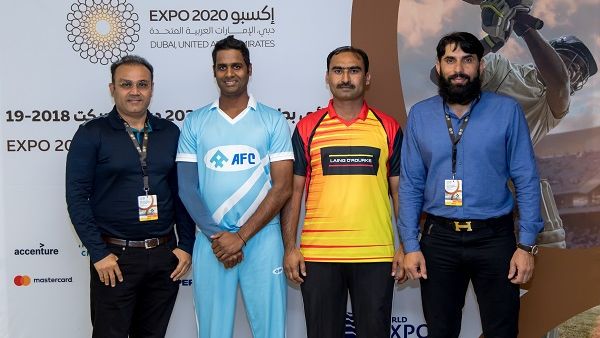 Expo 2020 Dubai Cricket Cup Final Team captains and cricket stars.