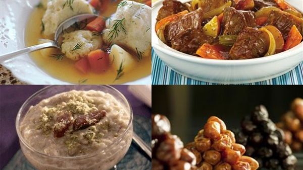 شوربة كرات الدجاج، مرق اللحم بالخضار وبودينغ الشوفان بالتمر والهال