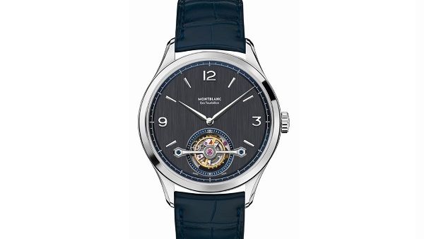 The Montblanc Heritage Chronométrie Exo Tourbillon Slim Openworked comes with blued sword-shaped hands and the new blue-colour alligator strap, providing utmost elegance.