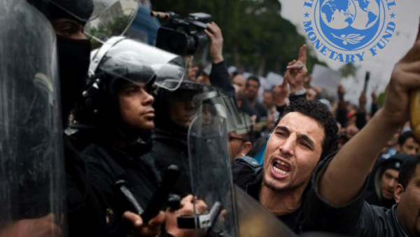 The IMF's logo on top of civil unrest (Rami Khoury/Al Bawaba)
