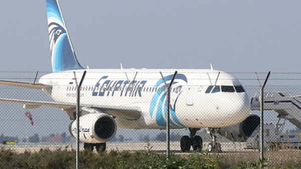 An EgyptAir A320 sits on the tarmac in Cyprus. (AFP photo)
