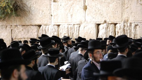 Orthodox Jews pray in the men's section of the Western Wall plaza