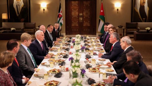 U.S. Vice President Mike Pence has lunch with Jordan's King Abdullah II during a visit in the capital Amman, on January 21, 2018 (Khalil Mazraawi/AFP)