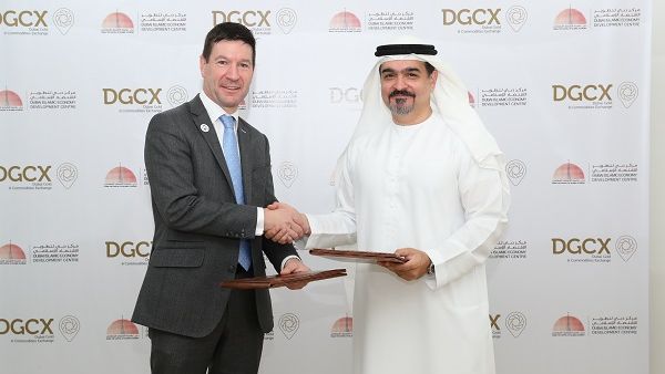 Abdulla Mohammed Al Awar, CEO of DIEDC, and Les Male, CEO of DGCX, signed the agreement at the DIEDC offices