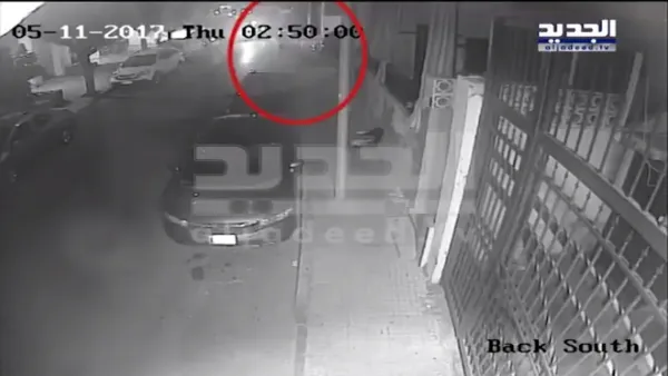 Screenshot of CCTV video purporting to show the arson attack on Al-Jadeed (Twitter)