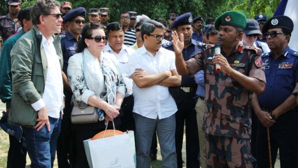Bangladesh Border Guard 34 Battalion Commander Lt Col Manjurul Hasan speaks during the high-level 15-member delegation of the UN Security Council visit to Tombru in the Bangladeshi district of Bandarban/ AFP